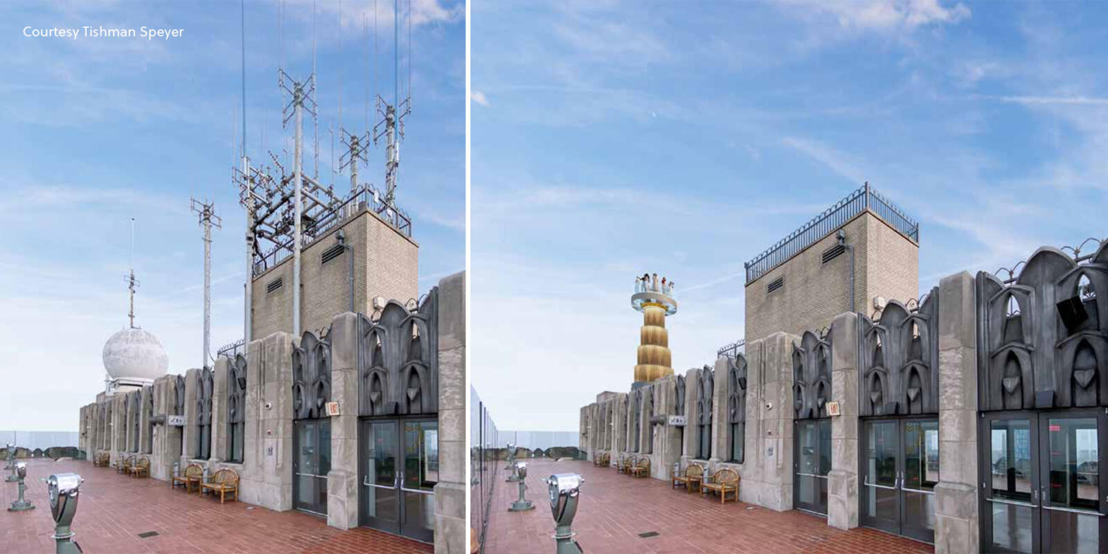 Avant - Après la nouvelle plate-forme d'observation au sommet du rocher Sommet du Rockefeller Center à New York