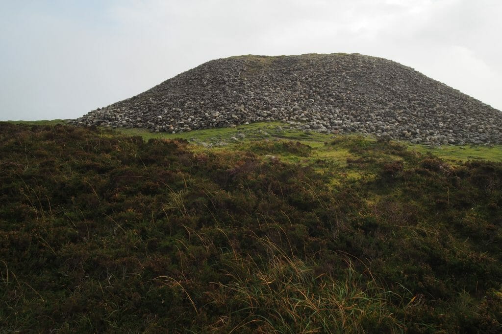 Pinceau marron/vert au premier plan, arrière-plan un cairn de pierres rondes - Knocknarae à Sligo