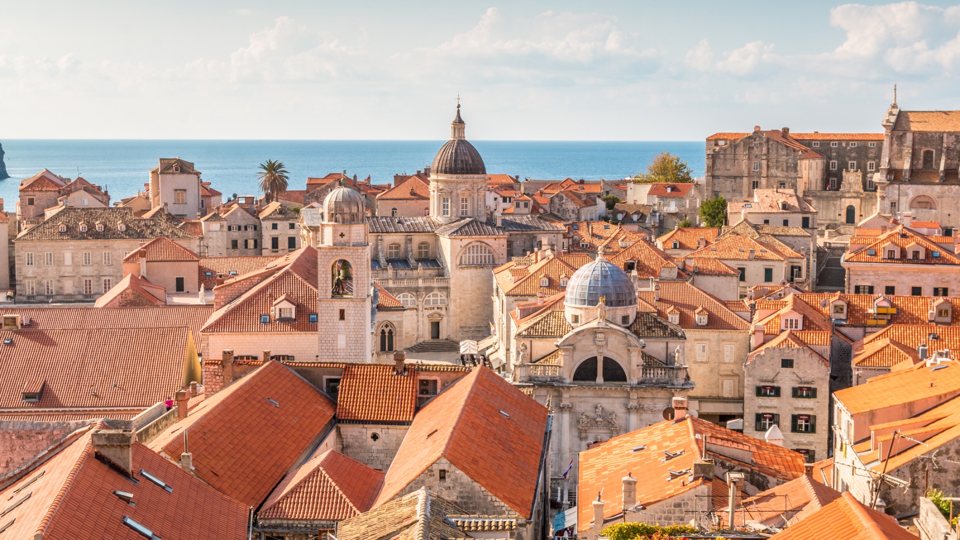 Cette photo montre les toits rouges de Dubrovnik avec la mer en arrière-plan.