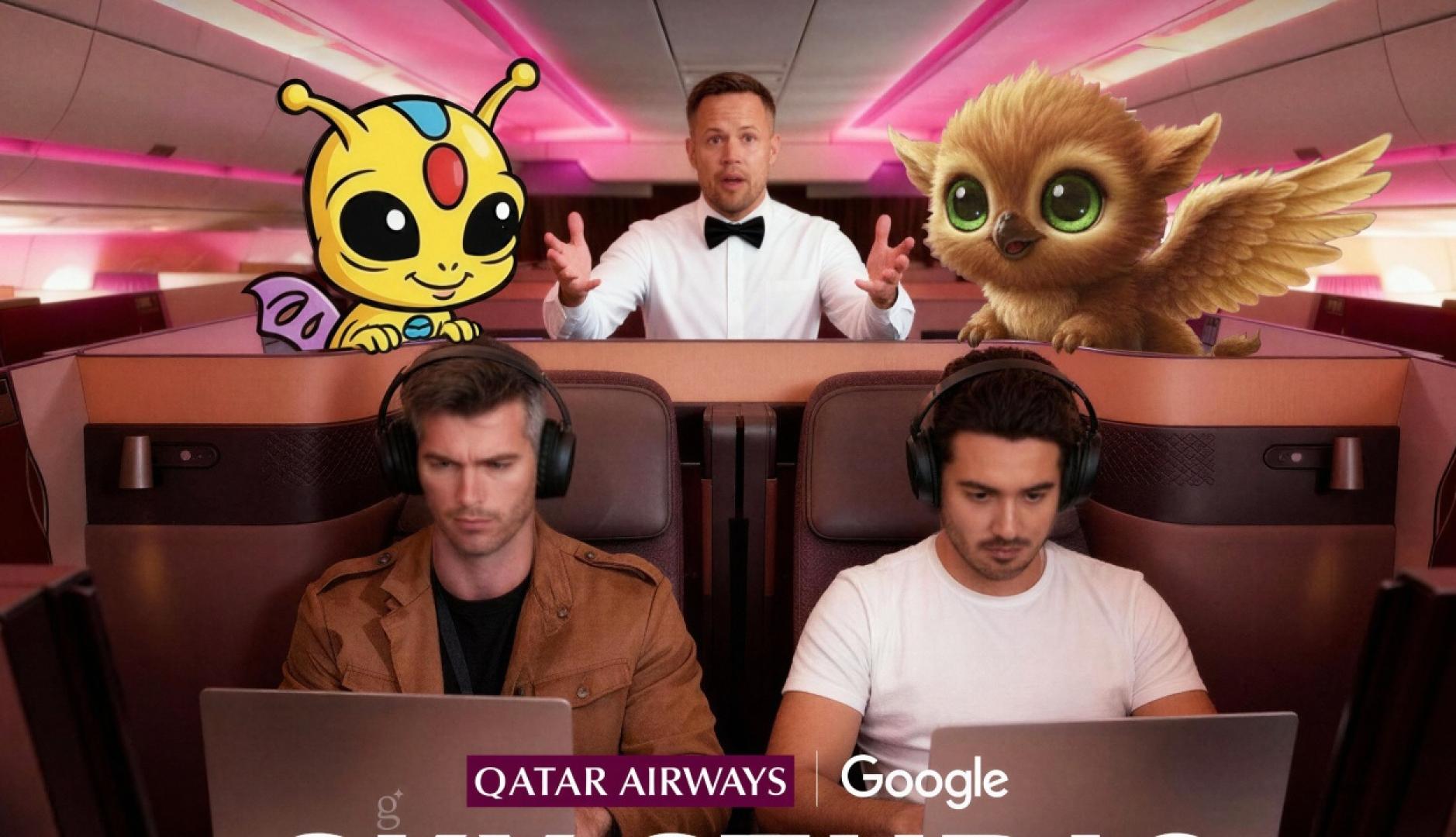 Dos chicos trabajando con el ordenador en un avión de Qatar Airways