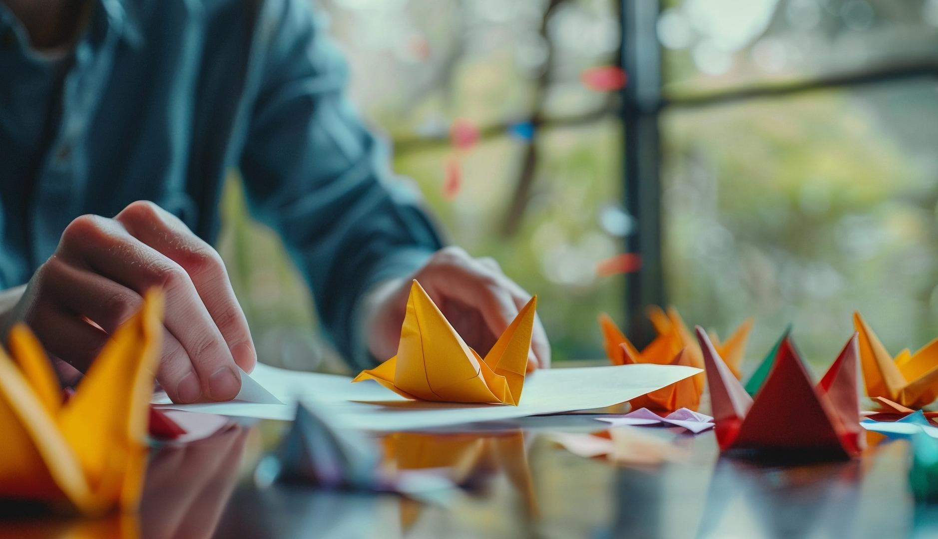 Persona haciendo origami en la oficina