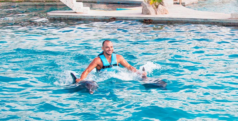 nager avec les dauphins à Cancun - homme avec les dauphins