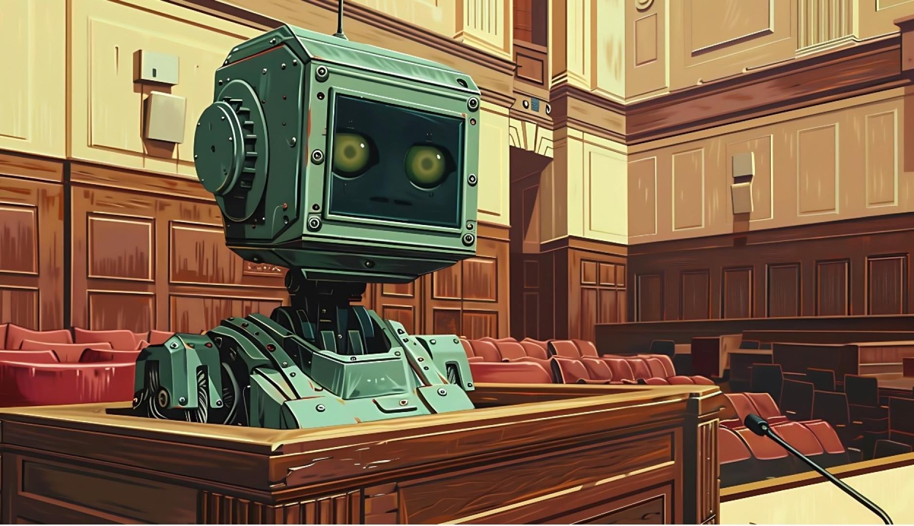 Ilustración de un robot sentado en un juzgado