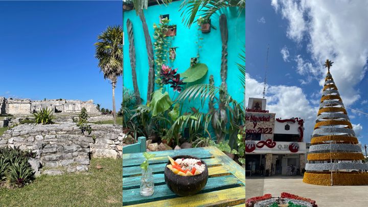 De gauche à droite : ruines mayas, amour primitif et décorations de Noël au centre-ville.