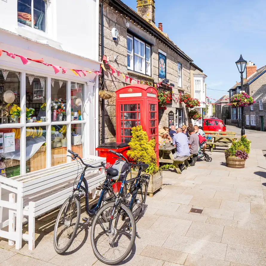 Place du marché à St Just, Cornwall, Angleterre, Royaume-Uni.