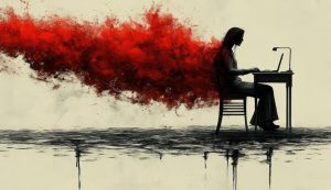 Silueta de una mujer trabajando y sale humo rojo de su espalda