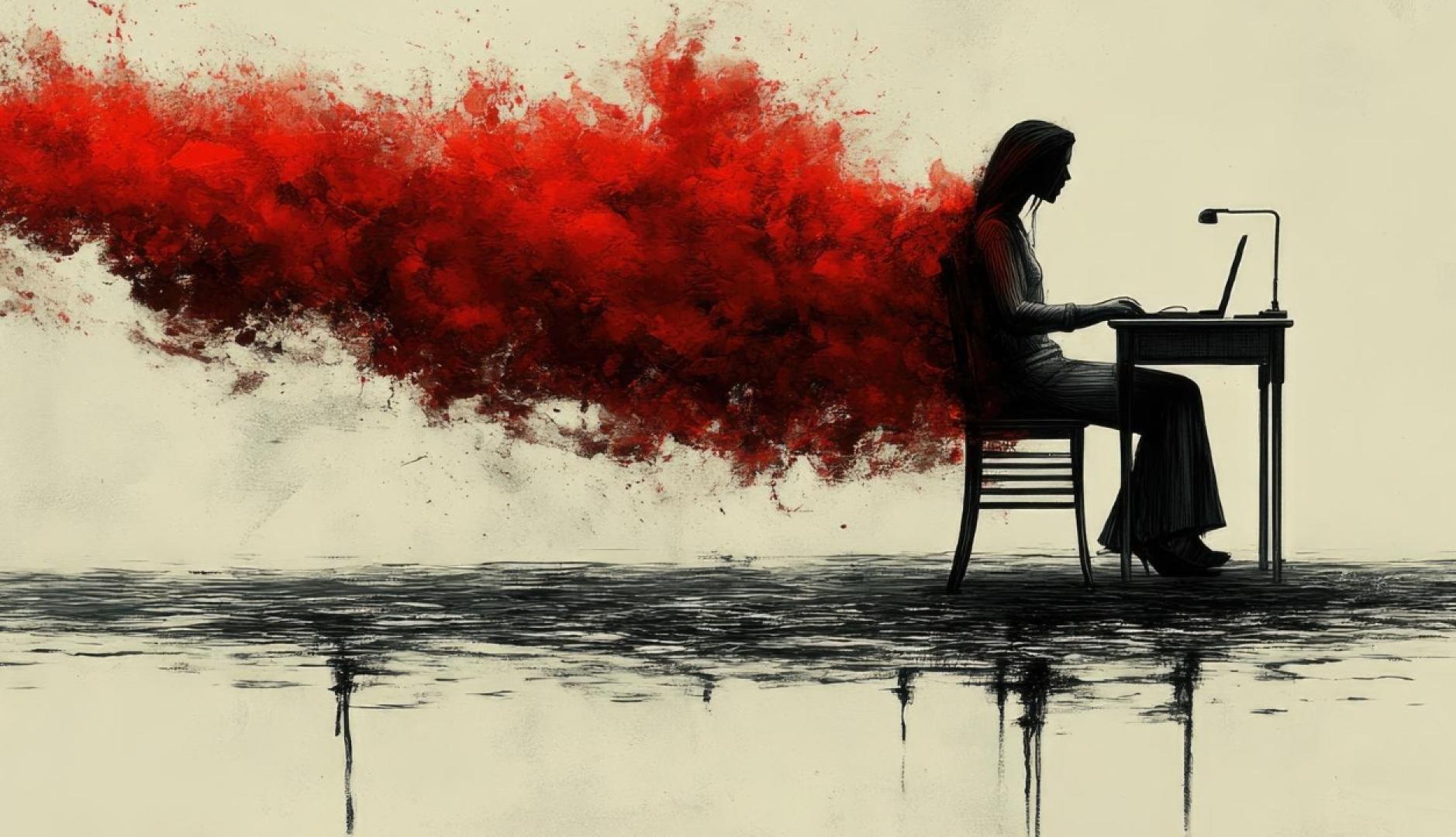 Silueta de una mujer trabajando y sale humo rojo de su espalda